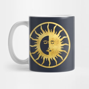 Golden Sun and Moon Symbol on Blue Background Mug